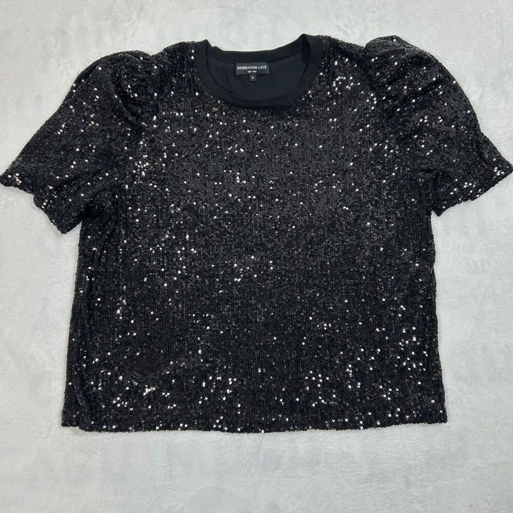 Generation Love Black Sequin Puff Sleeve Top Women’s XL Crew Neck NYE